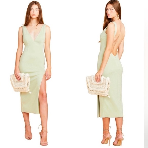 New Katie May Caliente Deep V Neck Midi Dress Slit Sage Green Sz S - Picture 1 of 14